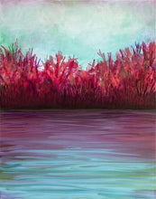 Load image into Gallery viewer, Autumn Shoreline, one painting in a set of three acrylic paintings on canvas, waterscape, in purples, reds, pinks