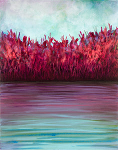 Autumn Shoreline, one painting in a set of three acrylic paintings on canvas, waterscape, in purples, reds, pinks