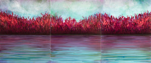 Autumn Shoreline, a set of three acrylic paintings on canvas, waterscape, in purples, reds, pinks