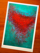 Load image into Gallery viewer, Departures, limited edition fine art print, concept-based art, in reds, oranges, blues, and black