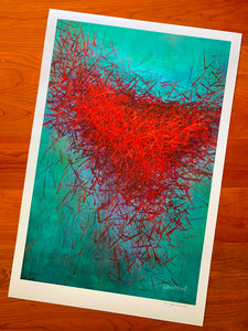 Departures, limited edition fine art print, concept-based art, in reds, oranges, blues, and black