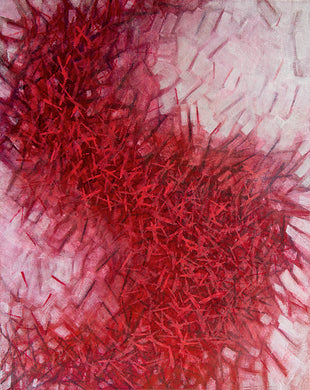 Falling Series: Turmoil, an acrylic painting on canvas, concept-based art, in reds and white