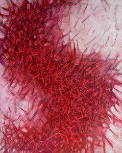 Falling Series: Turmoil, an acrylic painting on canvas, concept-based art, in reds and white