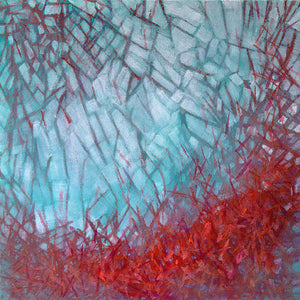 Falling Series: Fractured, an acrylic painting on canvas, concept-based art, in reds, blues, and white