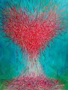 Finding Joy is a 30 x 40-inch original acrylic painting with an abstracted heart in pink and red on a turquoise-blue background.