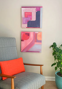Geometry Series, original acrylic square painting in pink, mauve, lavendar, grey, purples, salmon, red, orange by Jane Nicolo