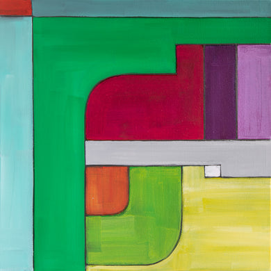 square, geometric, original acrylic painting in grey, purples, greens, red, orange, yellow by Jane Nicolo