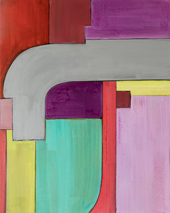 geometric, original acrylic painting in grey, purples, dark red, brown, mint, yellow by Jane Nicolo