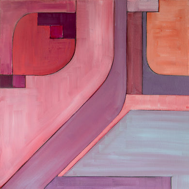 geometric, original acrylic painting in pink, mauve, lavendar, grey, purples, salmon, red, orange by Jane Nicolo