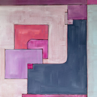 geometric, original acrylic painting in pink, mauve, lavendar, grey, purples, red, white by Jane Nicolo