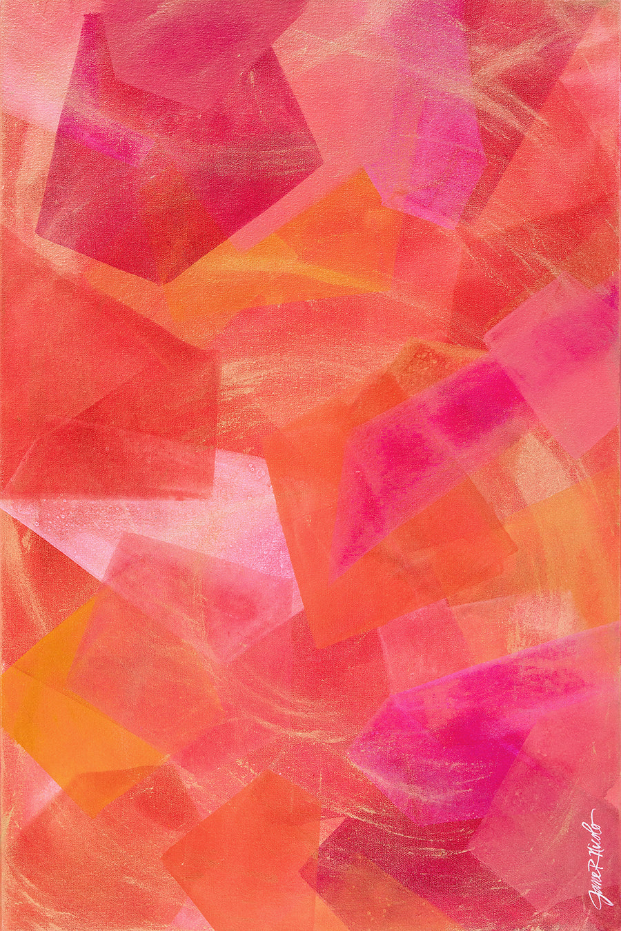 Passion 2, an acrylic painting on canvas, concept-based art, in magenta, orange, yellow, and metallic gold  Edit alt text