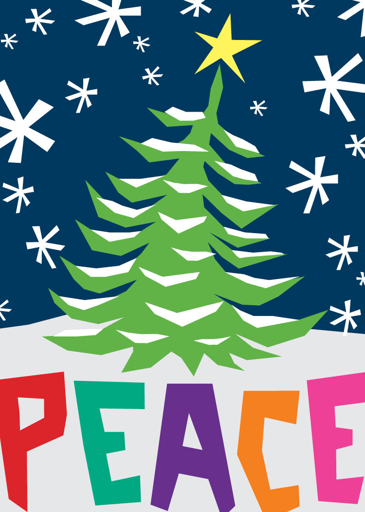Peace Tree Holiday Card with Snowy Tree and the word Peace across the bottom by Jane Nicolo