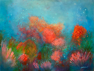 Reef #5, acrylic painting, blue, pink, orange, sea, ocean, coral reef, bubbles
