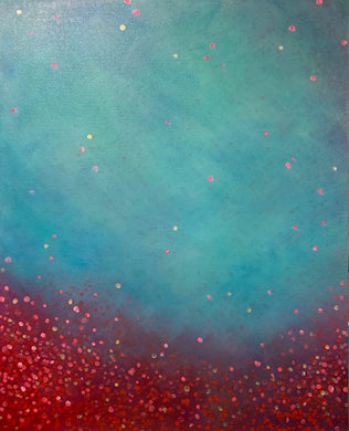 Suspended Particles original acrylic painting in teal, berry and gold by Jane Nicolo